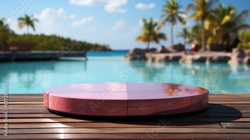 3D render empty luxury podium on blur beach tropical Caribbean  background. 