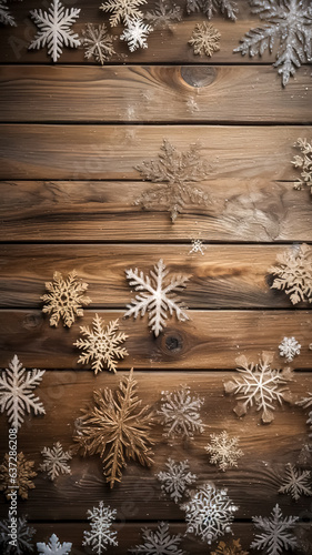 Snowflakes on a wooden background, top view, generative AI.