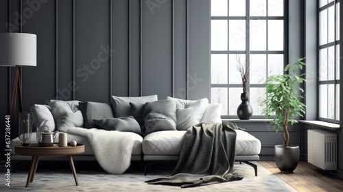 Cosy living room decorating scandinavian style mixed modern style with ,bookshelf,sofa bed,and lamp,interior home design concept. © Areerat