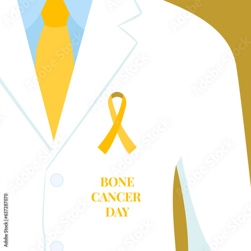 Bone cancer awareness day poster background. Doctor with yellow ribbon pin on white coat. Solidarity compain concept design. Healthcare support. Medical vector illustration.
