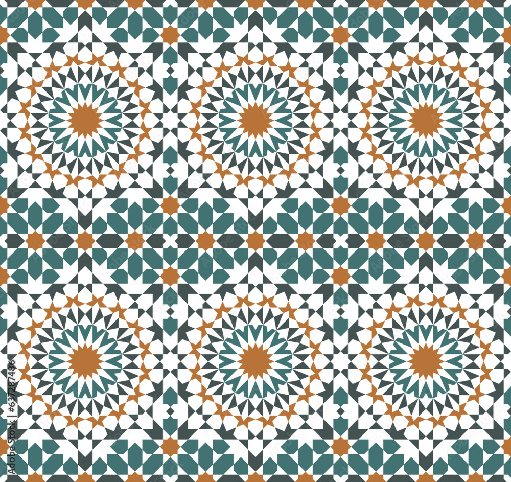 Seamless geometric pattern in colors. Based on traditional arabic ornament in style Zellij