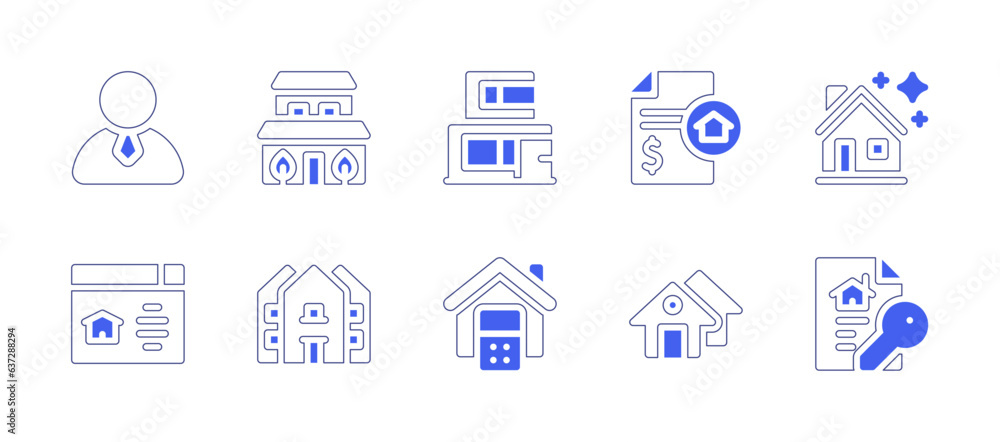 Real estate icon set. Duotone style line stroke and bold. Vector illustration. Containing real estate agent, villa, duplex, loan, house, real estate, calculate.