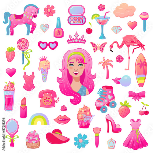 Pink aesthetic cute images: pretty girl with pink hair, pink horse toy, retro phone, butterfly, skate roller, crown, flamingo and more on white background. Vector illustration set.