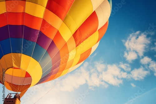 Colorful big hug hot air balloon flying hovering in deep blue sky traveling sightseeing recreation views clouds sunrays sun midday day summer afternoon fun holiday activities leisure time nature 