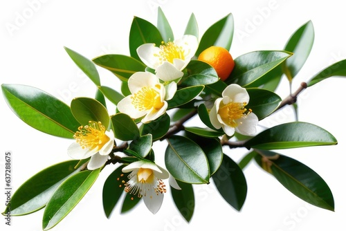 A bloom of white fragrant blooming orange tree buds and leaves on a white background 