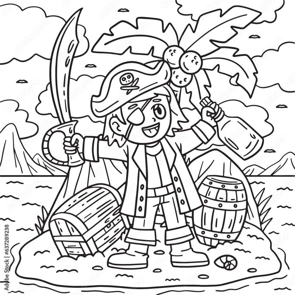 Pirate Captain on an Island Coloring Page for Kids