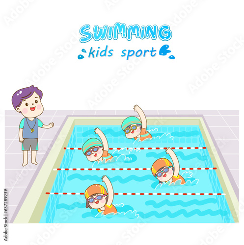 Cartoon kids swimming in the pool.