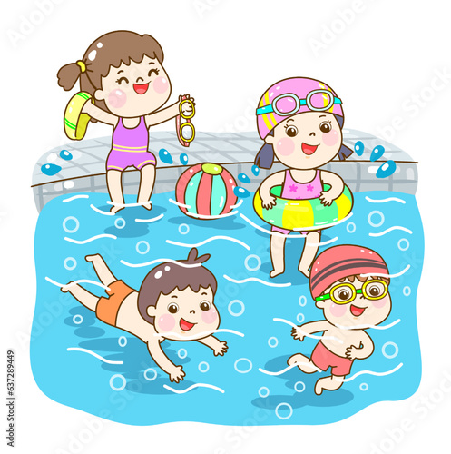 Cartoon kids swimming in the pool.