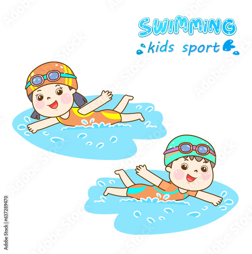 Cartoon kids swimming in the pool.