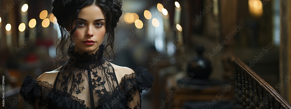 Timeless Beauty Meets Modern Rebellion - Dark haired Woman in Avant-Garde Fashion - Soft-Focus Gothic Girl Romance Background - Woman Model Wallpaper created with Generative AI Technology