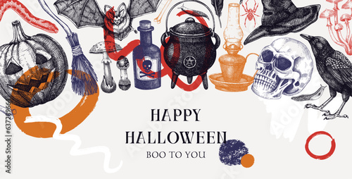 Trendy collage style Halloween background. Hand drawn vector illustration. Skulls, bones, pumpkin, poison, snakes, mushroom sketches. Autumn holiday banner. Halloween abstract design elements