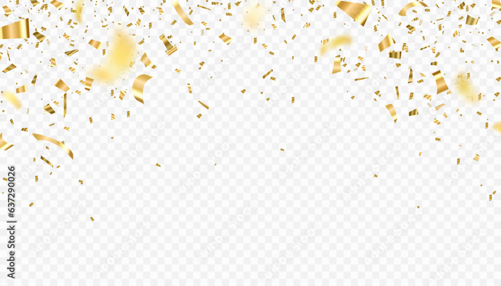 Gold confetti vector background. Falling bright golden festive tinsel - obrazy, fototapety, plakaty 
