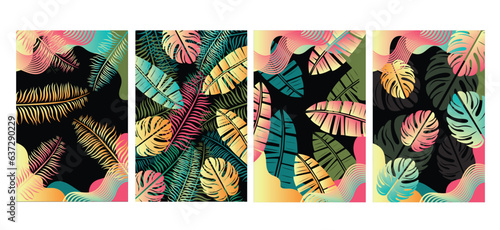 abstract tropical banner background set. tropical backgrounds in simple minimal flat style with jungle plants banana, palm, and leaves