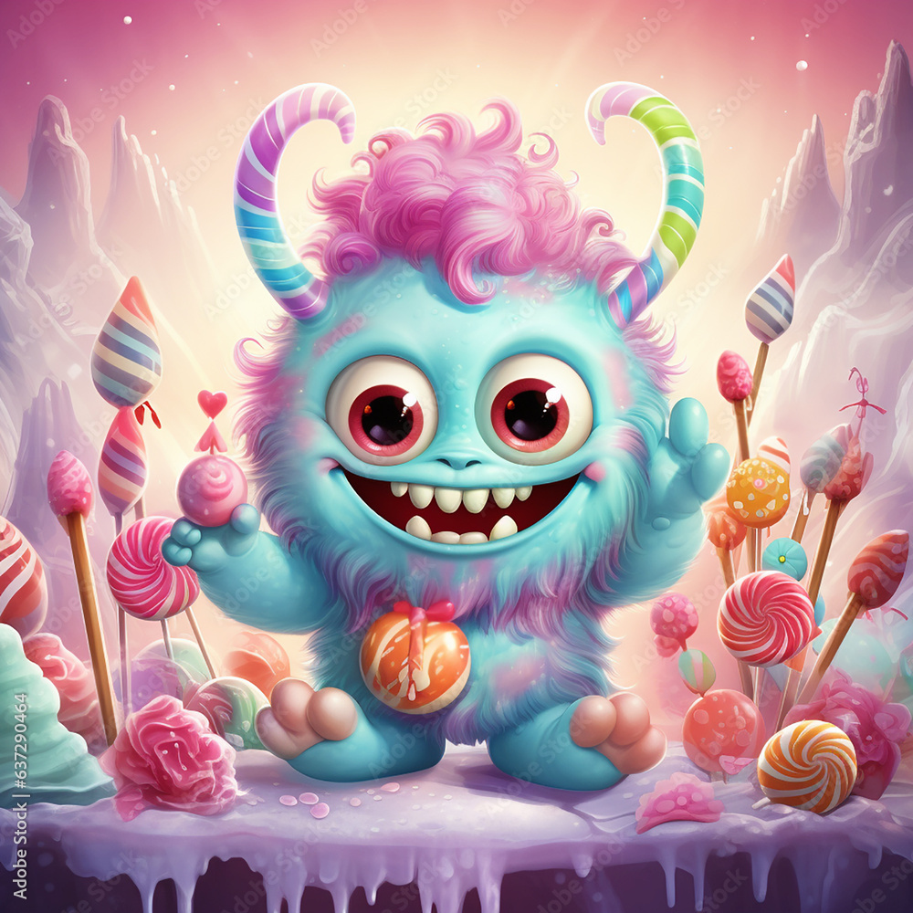 funny cheerful sweet monster with lollipops in cartoon style