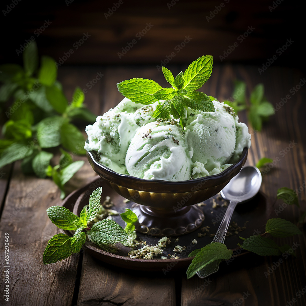 homemade mint ice cream with fresh mint leaves on a rustic background homemade mint ice cream with fresh mint leaves on a rustic background