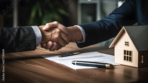 Businessman worker team hands shaking behind white safety helmet on workplace desk in office center