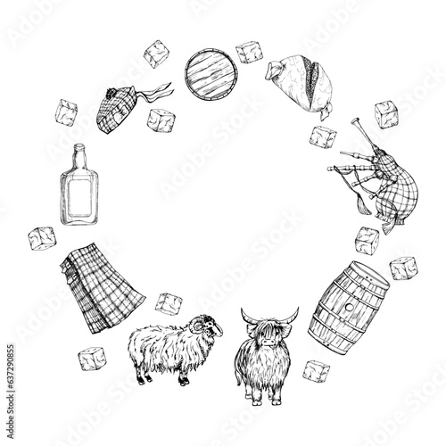 Ink hand drawn vector sketch set of isolated object. Scotland symbols. Tartan traditional menswear, bagpipes, whisky, sheep. Design for tourism, travel, brochure, wedding, guide, print, card, tattoo.