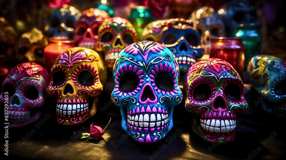 Naklejka premium The intriguing image showcases the vibrant Day of the Dead with sugar skulls as stars, capturing the cultural essence of enigmatic festivities.