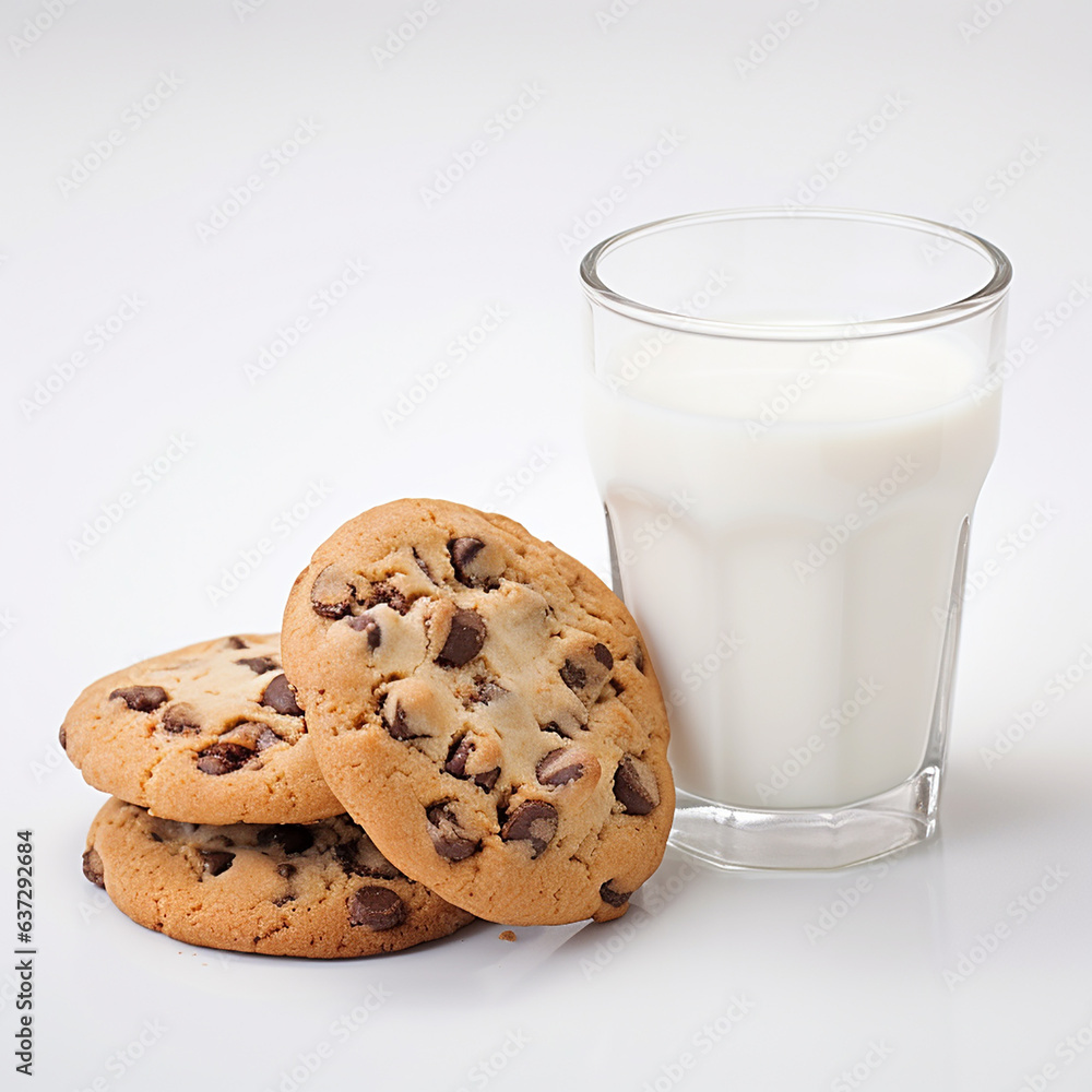 chocolate chip cookie and a glass of milk on a light background chocolate chip cookie and a glass of milk on a light background