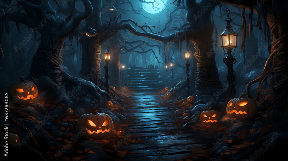 Fototapeta premium Halloween background with pumpkins and winding pathway through a dark forest