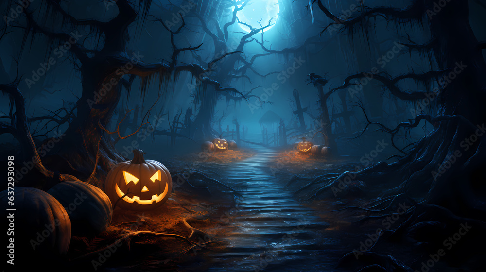 Halloween background with pumpkins and tree stands beneath a full moon Halloween background with pumpkins and tree stands beneath a full moon