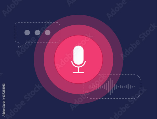 Voice Search concept. AI Voice Recognition Technology. Virtual Voice Assistant vector illustration isolated on dark background with icons