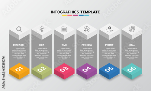 Business infographic template process with simple geometry square, rectangle, circle, triangle, curves in flat design template with thin line icons and 6 options or steps. Vector illustration.
