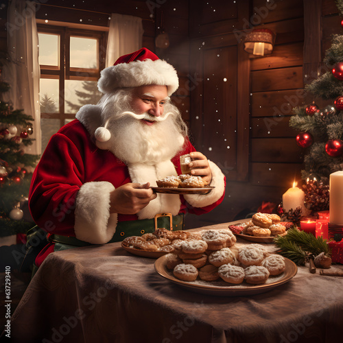 Cosy image of Santa Claus eating sweets and cakes at a table, with christmas decorations and soft light. Smiling face. Generativ AI © John