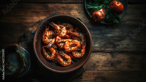 Top view of a rustic background with a copy space featuring a meal of spicy shrimp, prawns.