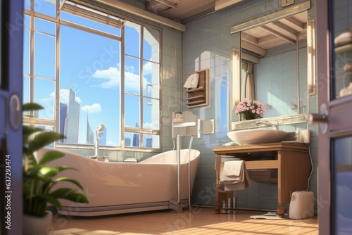 Bathroom sunlight anime visual novel game. Generate Ai