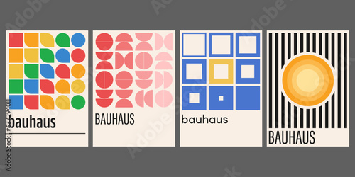 Bauhaus geometric pattern background, vector abstract circle, triangle and square lines art. Yellow, blue, red and green color, trendy Bauhaus pattern backgrounds set