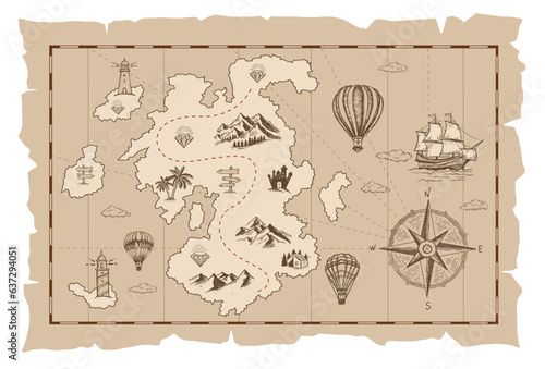 Old treasure map vector sketch. Hand drawn illustrations, vector.	
