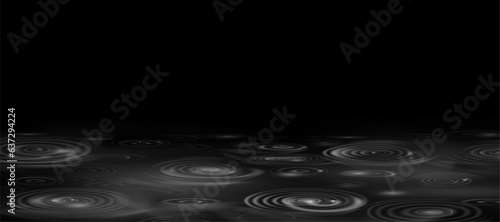 Stormy weather, rainfall and downpour, realistic illustration. Droplets traces on rainwater puddle. Flood and deluge, rain circles and shapes on surface of water. Bad climate conditions