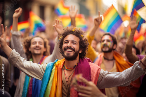 LGBT Madrid Pride Parade participants, AI generative LGBTQ festival illustration photo