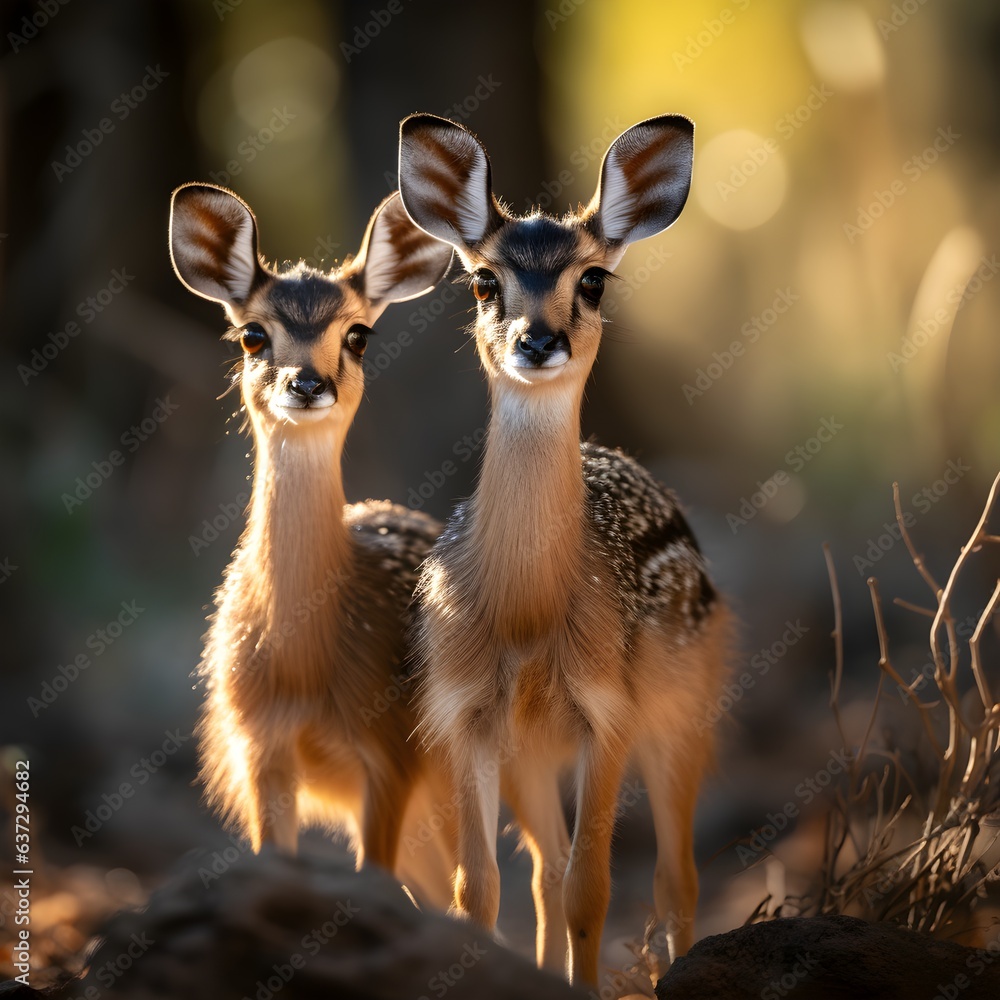 Pair of Alert Dik-Dik Antelope with Elongated Snout and Eyes in Warm Side Lighting Pair of Alert Dik-Dik Antelope with Elongated Snout and Eyes in Warm Side Lighting