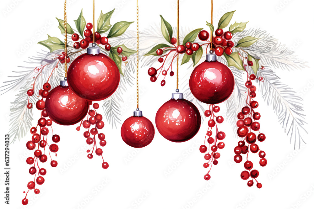 Fototapeta premium red christmas balls decoration illustration, watercolor style with clear background