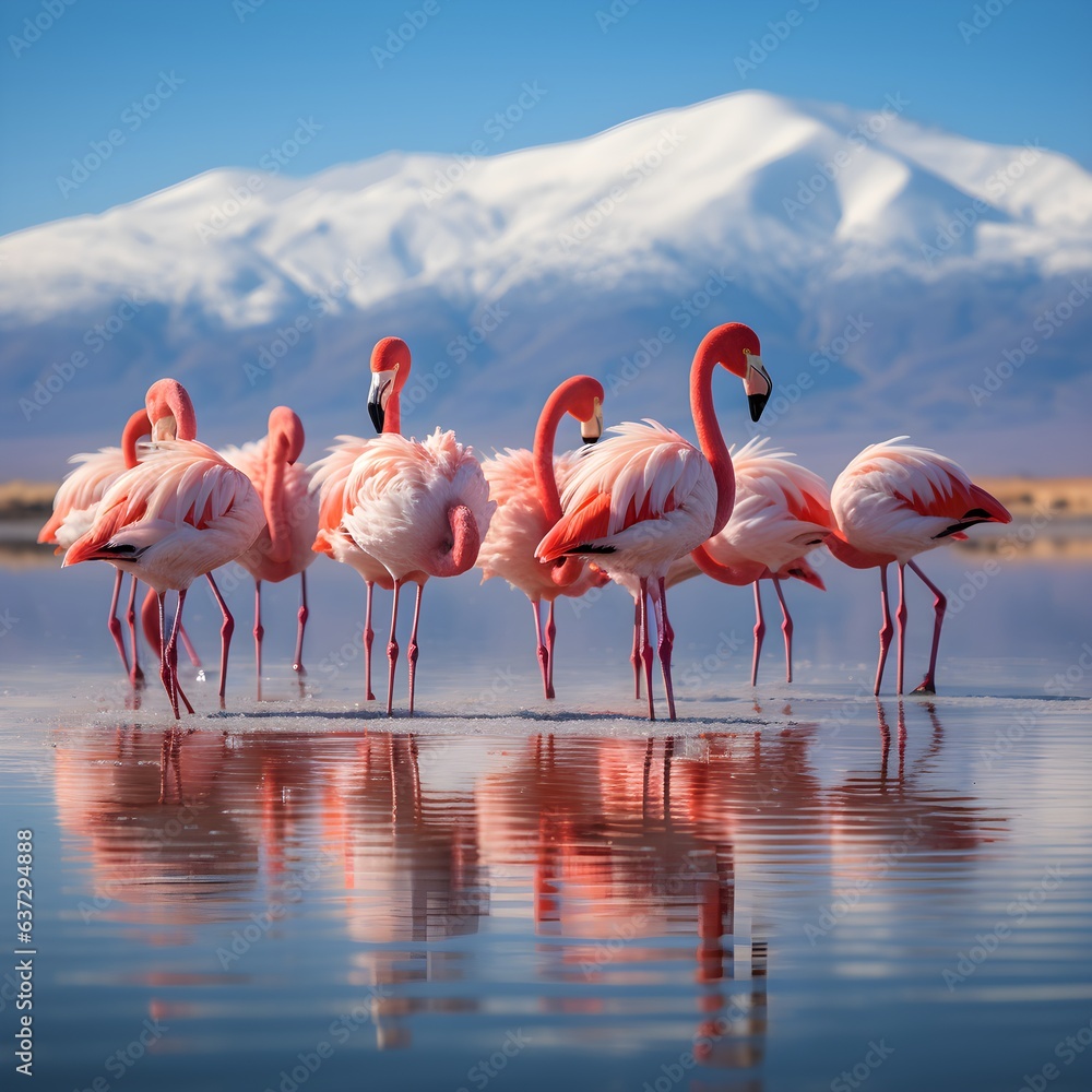Obraz premium Flamingos in Water with Mountain Range