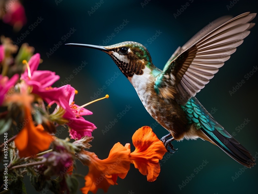 Fototapeta premium Ruby-throated Hummingbird hovering near colorful flowers