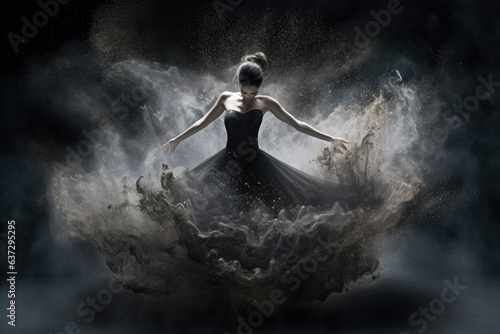 Beautiful ballerina dancing in the studio in magnetic powder and smoke. Generated AI