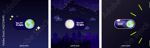 Set of Earth Hour Design Posters. On and Off switch with Earth and Moon. Clock Design with light switch. Electricity Switch concept. Celebrated on 8:30. Editable Vector Illustration. EPS 10.