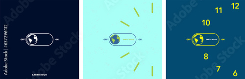 Minimalist Earth Hour Illustration Set. On and Off light switch with Planet Earth Icon inside a clock on the 8:30 to 9:30 position. Earth hour Minimalism Posters. Vector Illustration. EPS 10.
