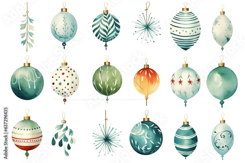 set of watercolor christmas decoration bauble illustrations on clear background for decoration  print  cards