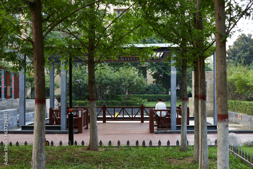 中国の朝の住宅地の公園で休憩している女性の後姿