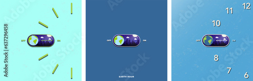 Minimalist Earth Hour Illustration Set. On and Off light switch with Planet Earth Icon inside a clock on the 8:30 to 9:30 position. Small night cityscape with moon. Minimalism Earth hour Posters