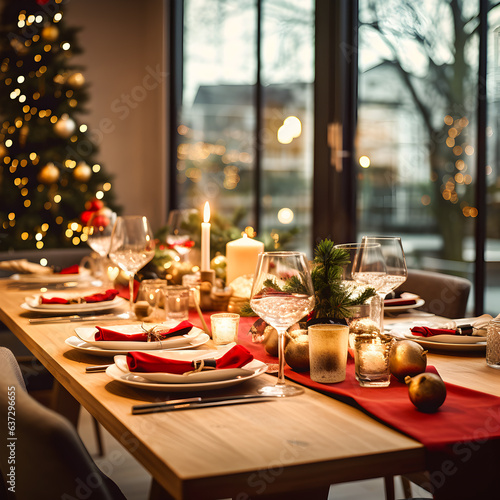 table setting for a christmas dinner, with a christmas tree, christmas colors and soft lights. 
