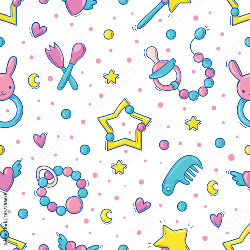 Hand drawn seamless pattern with baby colorful toys and accessories in doodle style on white background