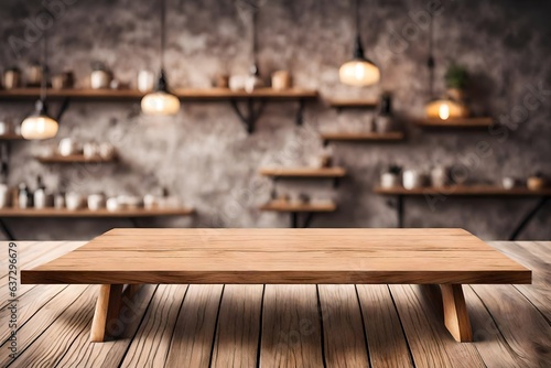Wood table mockup with blur background. empty copy space for product presentation