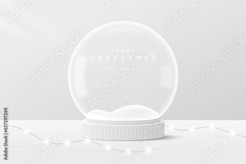 White 3D cylinder podium pedestal realistic under transparent glass snow globe, snowdrift and decorate with neon light wire. Design for promote product on Christmas day and Happy New Year.