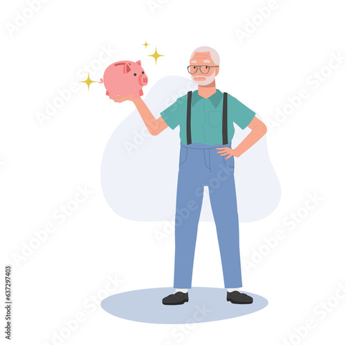 Retirement Savings Concept. Happy Elderly man Holding Piggy Bank. Smiling Senior man with Piggy Bank