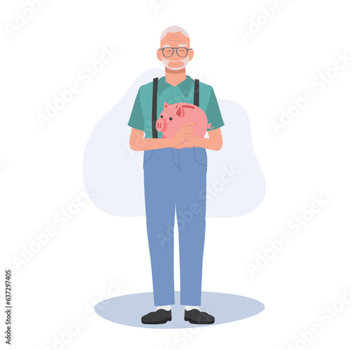 Retirement Savings Concept. Happy Elderly man Holding Piggy Bank. Smiling Senior man with Piggy Bank